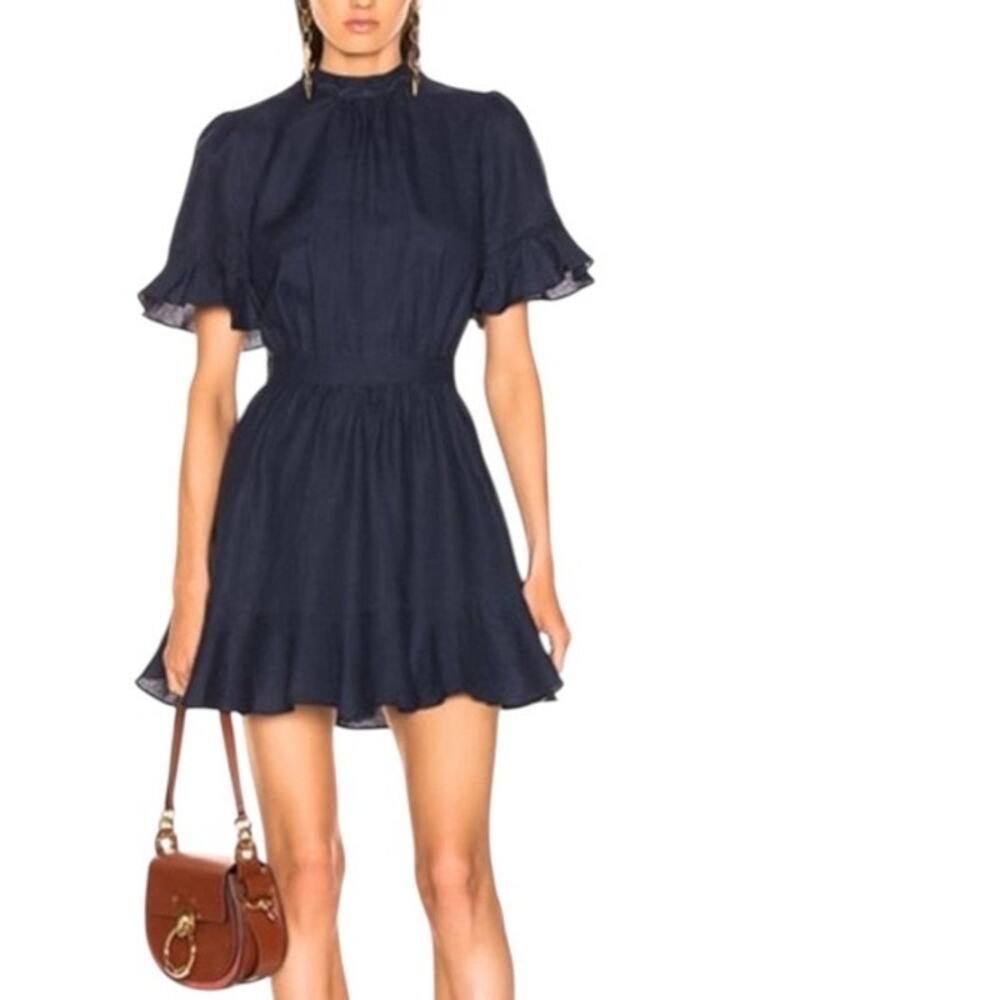Frame Navy Linen Scallop Mock Neck Flounce Ruffle A-Line Flare Mini Dress XS